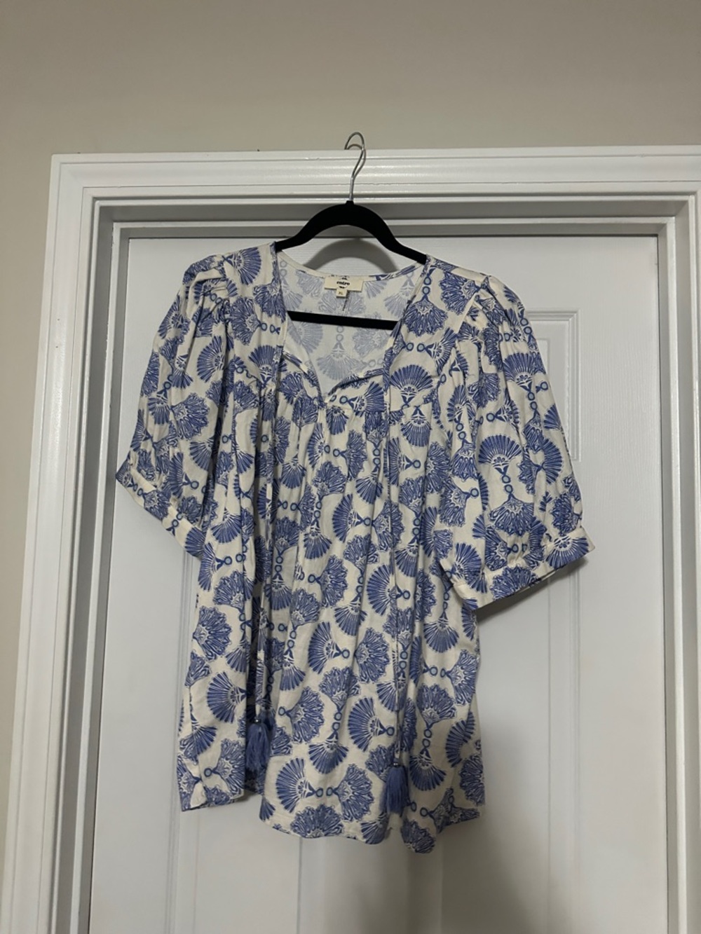 entro White Blouse with Blue coastal Print and Puff Sleeves